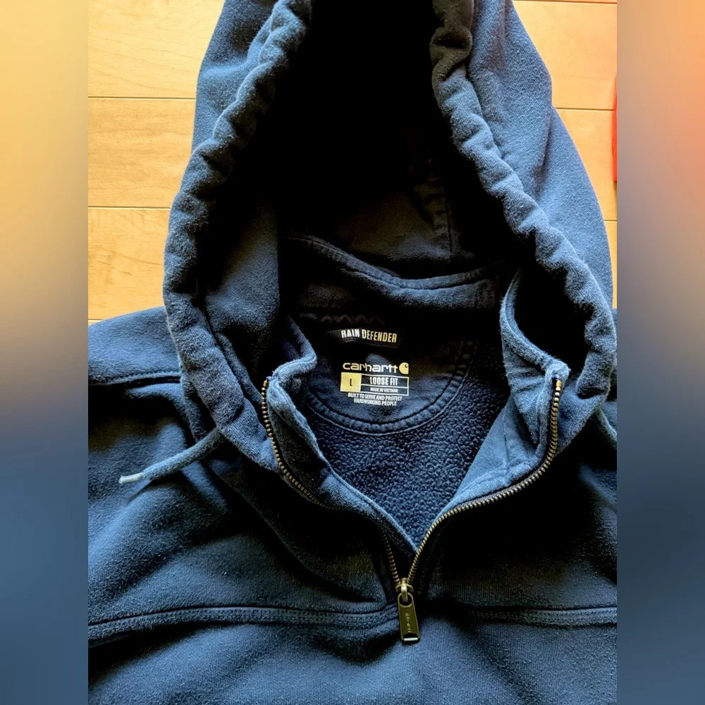 Carhartt Men’s Rain Defender Dark Blue Hooded Fleece Pullover - Picture 5 of 6